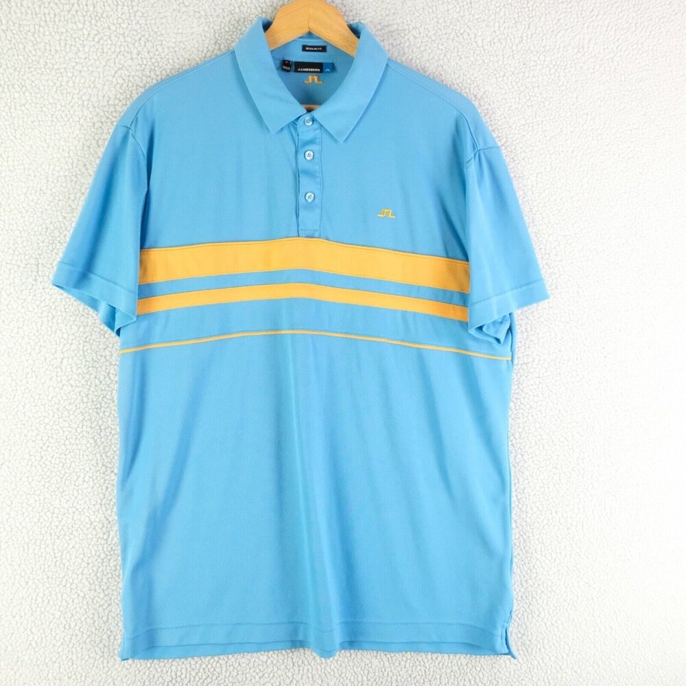 J Lindeberg Polo Mens Extra Large Blue Yellow Striped Golf Performance Athletic